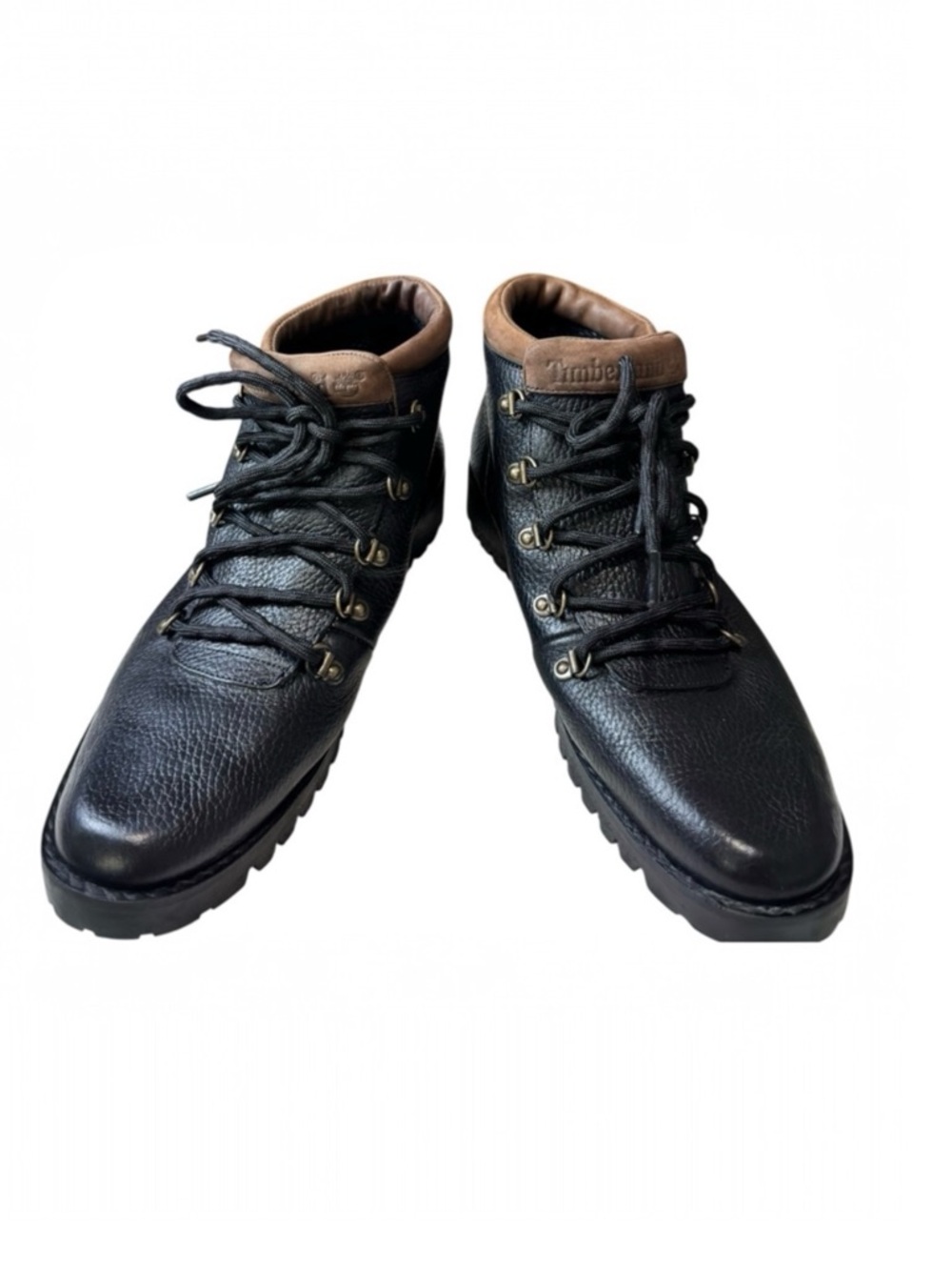 Vintage Timberland Black Pebbled Leather Boots - Brown Padded Collar Size 8.5